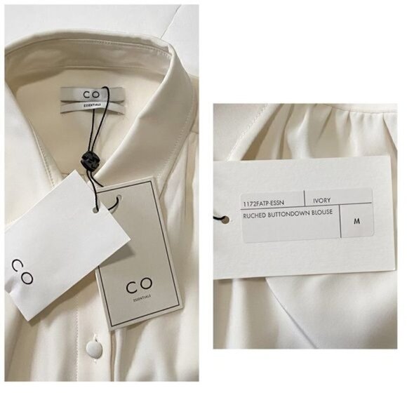 NWT CO. Ruched Button Up Blouse in Japanese Stretch Crepe, Ivory, Size M - Picture 12 of 15